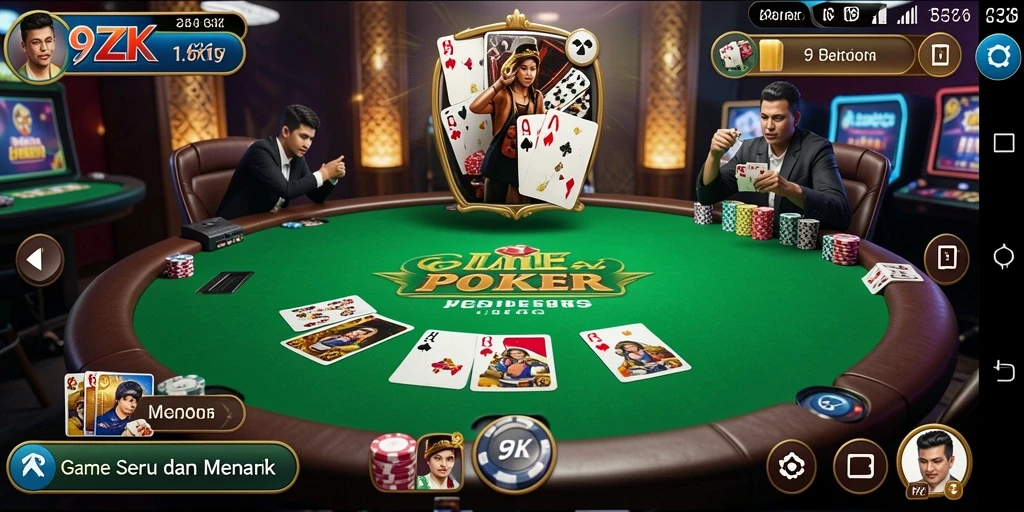 Screenshot gameplay Poker di 9ZK menunjukkan pengaturan meja yang menarik.