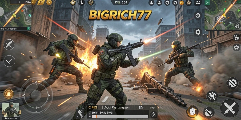 Tampilan layar gameplay mendebarkan dari BIGRICH77 dengan aksi TPS.