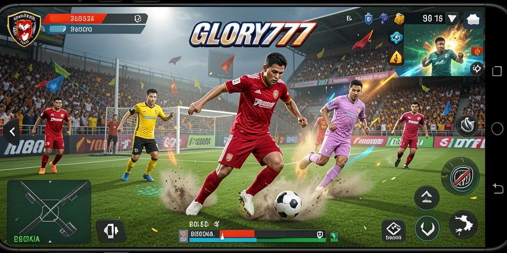 Tangkapan layar menunjukkan aksi seru dalam game sepak bola.