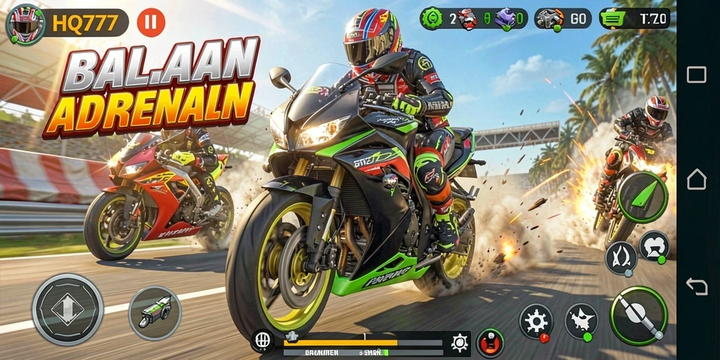 Tampilan gameplay HQ777 dengan aksi balap motor yang intens.